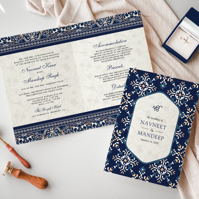Invitation Mariage Sikh tout-en-un bleu marine avec broderie  (Créateur téléchargé)