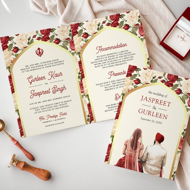 Invitation Mariage Sikh Tout en Un Fleurs d'Ivoire Rouge (Créateur téléchargé)