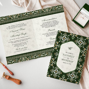 Invitation Mariage Sikh tout-en-un vert foncé en broderie