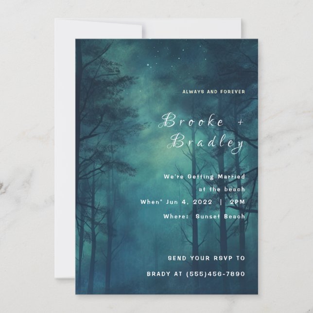 Invitation Mariage Silhouette de Forêt Sarcelle et Vert Foncé (Devant)