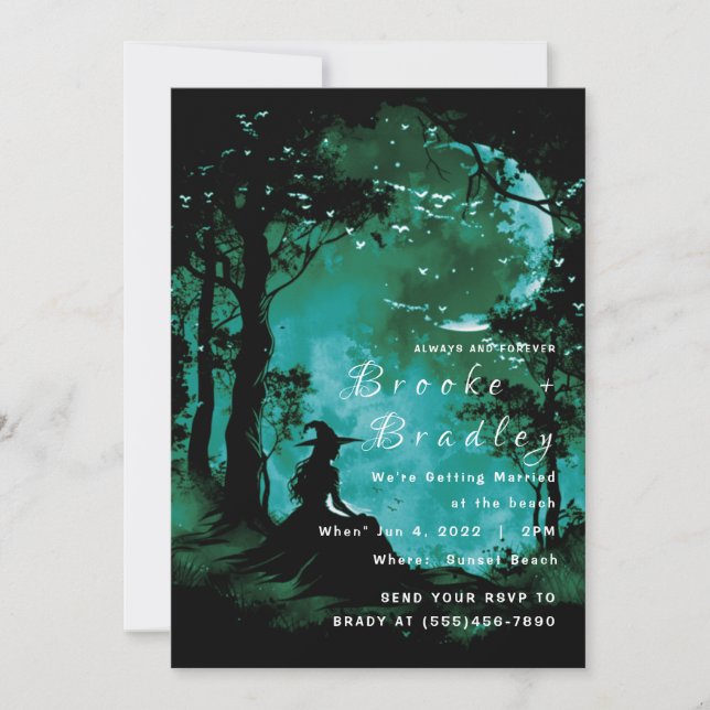 Invitation Mariage silhouette de forêt vert sarcelle et noir (Devant)