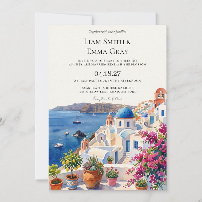Invitation Mariage silhouette de Santorin Grèce aquarelle (Devant)
