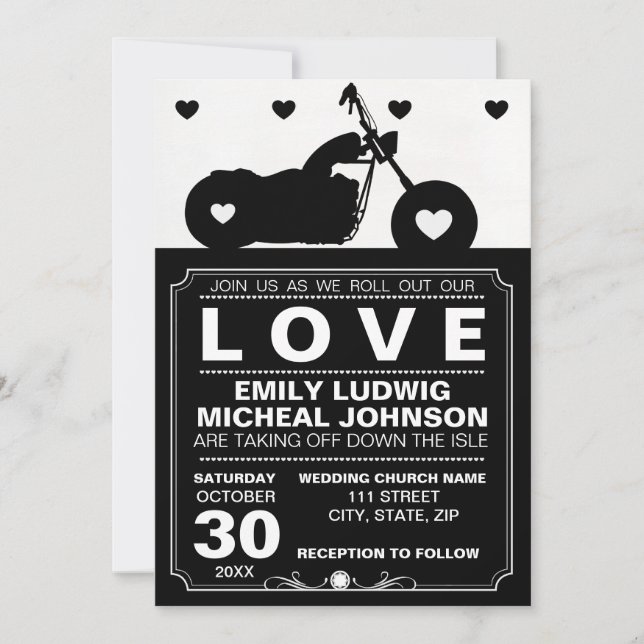Invitation Mariage Silhouette pour moto noir et blanc (Devant)