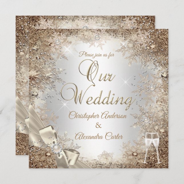 Invitation Mariage Silver Beige Cream Pearl Bow Snowflake 2 (Devant / Derrière)