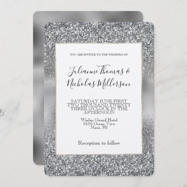 Invitation Mariage Silver Glam Sparkle Glitz (Devant / Derrière)