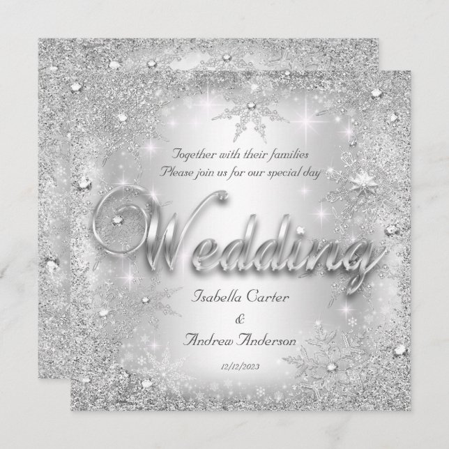 Invitation Mariage Silver Winter Wonderland Snowflakes (Devant / Derrière)