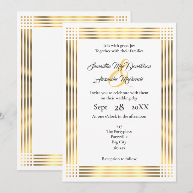 Invitation mariage simple à bordure dorée (Devant / Derrière)