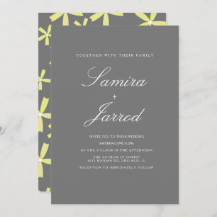 Invitation Mariage simple à motifs floraux jaunes et gris