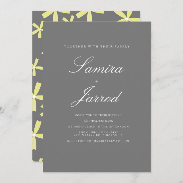 Invitation Mariage simple à motifs floraux jaunes et gris (Devant / Derrière)
