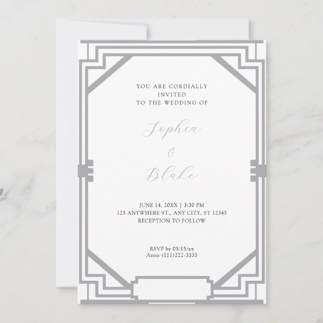Invitation Mariage Simple Art Déco Argent et Blanc (Devant)