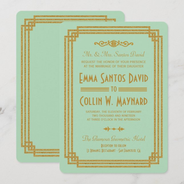 Invitation Mariage simple Art Déco Mint Invite (Devant / Derrière)