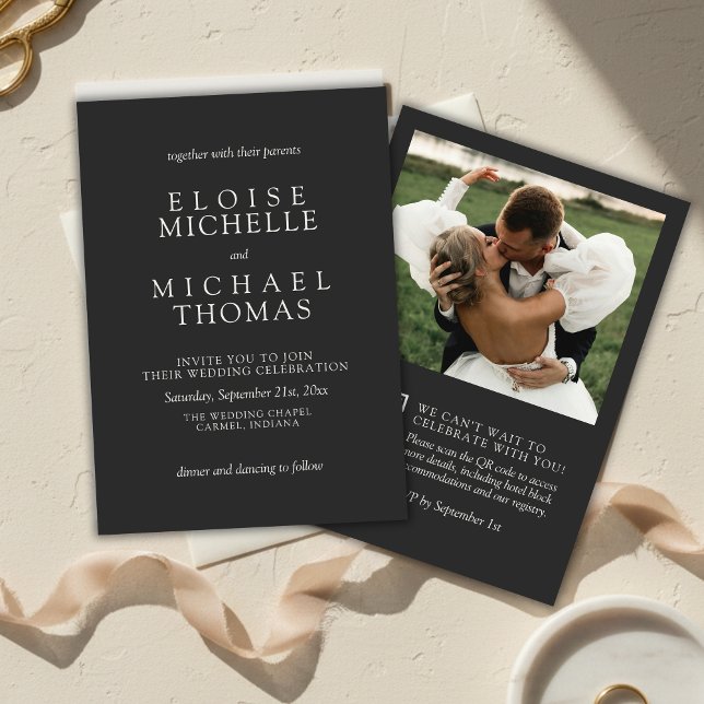 Invitation Mariage simple au charbon de bois avec code QR cla (Simple Charcoal Photo Classic QR Code Wedding Invitation)