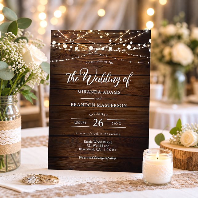 Invitation Mariage simple avec des lumières en bois rustique  (Créateur téléchargé)