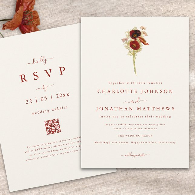 Invitation Mariage Simple Bohème aux Fleurs Sauvages d'Automn (Simple wildflower burnt orange script wedding invitation with wedding website qr code)