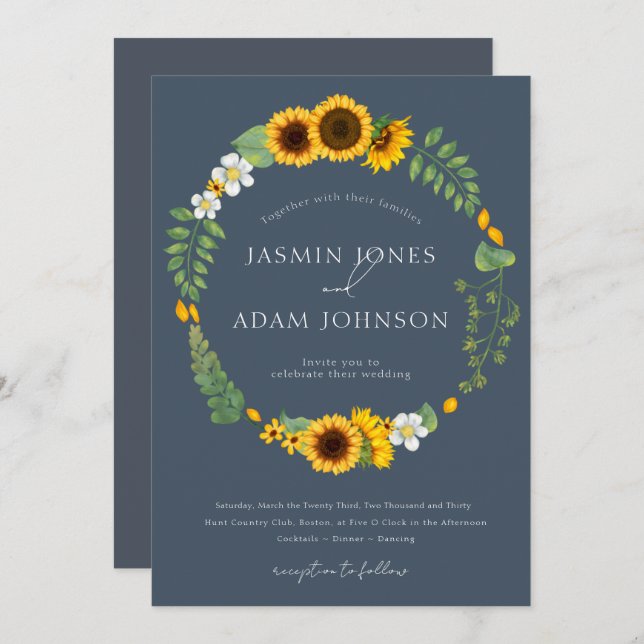 Invitation Mariage simple Boho Royal Blue Opulence Sunflowers (Devant / Derrière)
