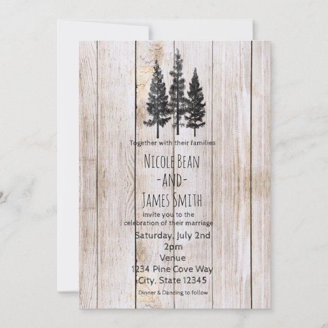 Invitation Mariage Simple Campagnard en Bois de Pins Rustique (Devant)