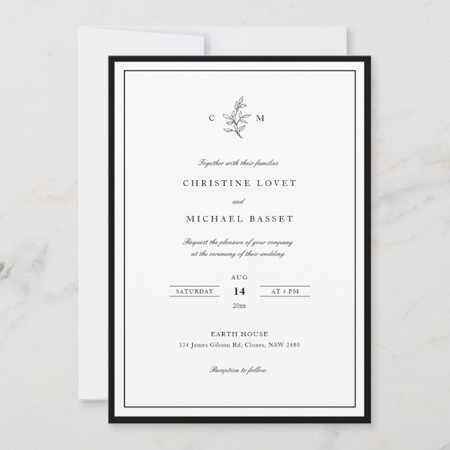 Invitation Mariage simple classe feuillage noir et blanc (Devant)