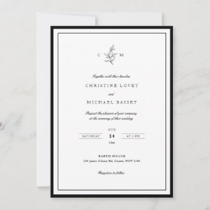 Invitation Mariage simple classe feuillage noir et blanc