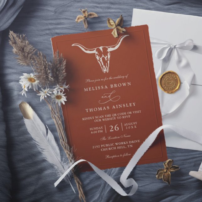 Invitation Mariage simple code QR de crâne de vache bohémien  (Créateur téléchargé)