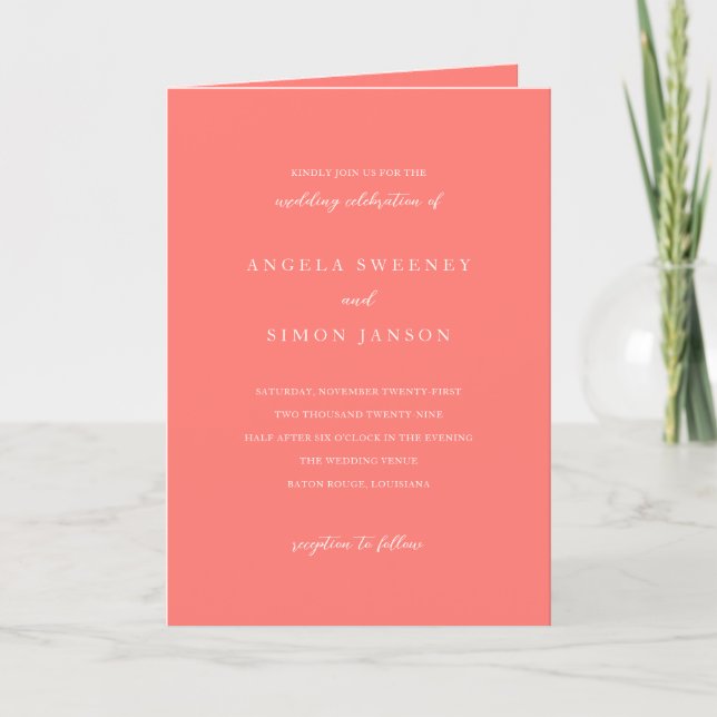 Invitation Mariage Simple Corail Vibrant Moderne (Devant)