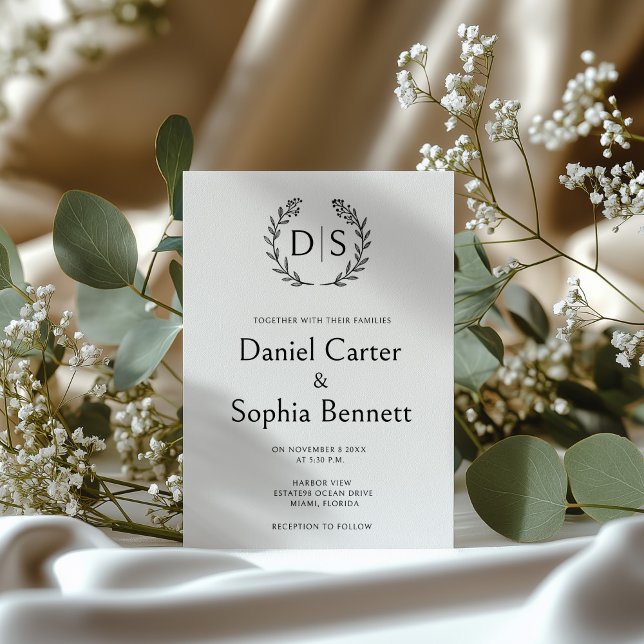 Invitation Mariage simple de la couronne de monogramme floral (Créateur téléchargé)