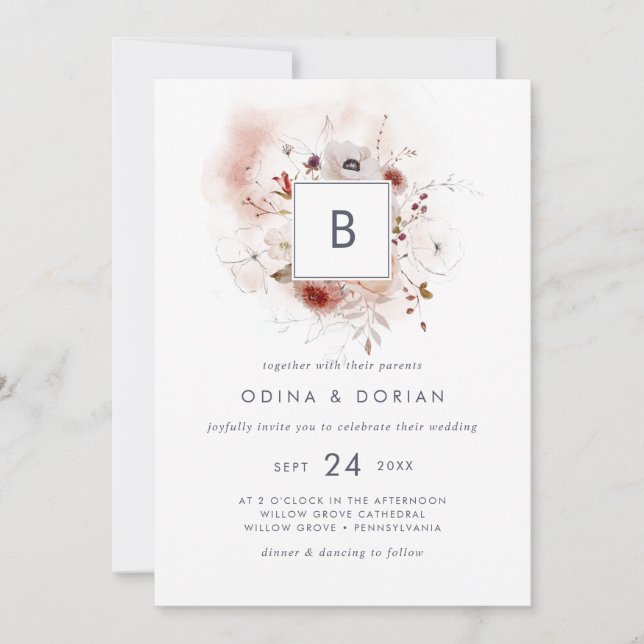 Invitation Mariage simple de monogramme floral (Devant)