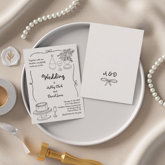 Invitation Mariage simple doodlé noir et blanc  (Black and White Hand Drawn Doodle Simple Wedding Invitation)