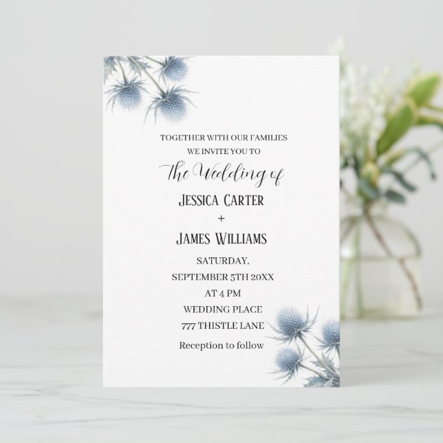 Invitation Mariage Simple Écossais Chardon Bleu (Debout devant)