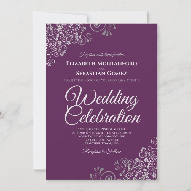 Invitation Mariage Simple Élégant Argent sur Violet (Devant)