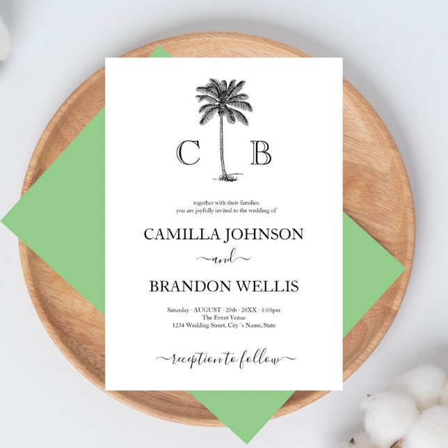 Invitation Mariage simple élégant de palmiers tropicaux (Simple Elegant Palm Tree Tropical Monograms Wedding Invitati Invitation)