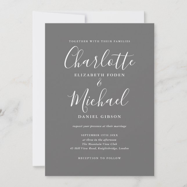 Invitation Mariage simple élégant gris et blanc écriture (Devant)