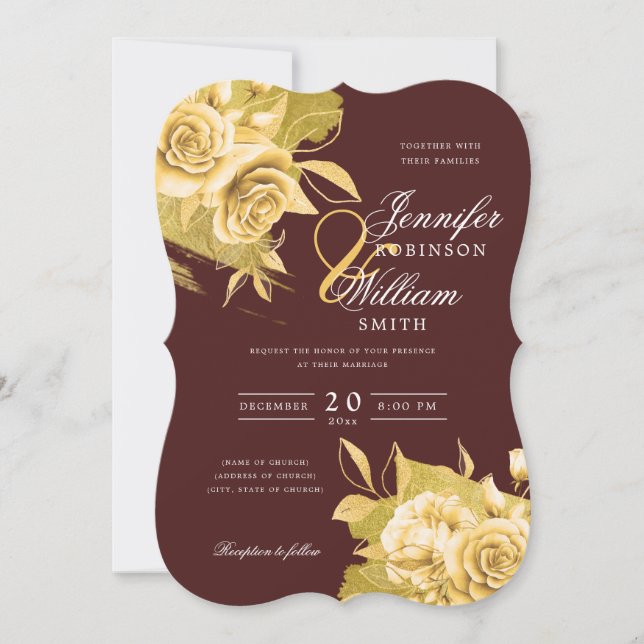 Invitation Mariage simple élégant Or Floral Foil Bourgogne (Devant)