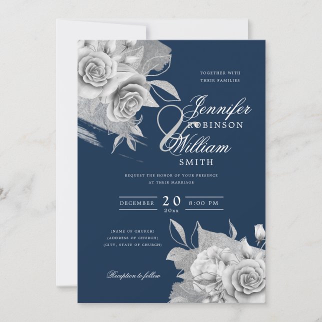 Invitation Mariage simple élégant Silver Floral & Foil Navy (Devant)