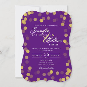 Invitation Mariage simple et élégant or violet Confetti