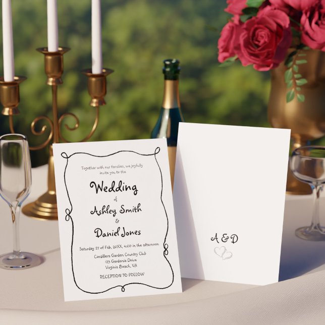 Invitation Mariage Simple et Fantaisiste Dessiné à la Main en (Black and White Hand Drawn Quirky Simple Wedding Invitation)