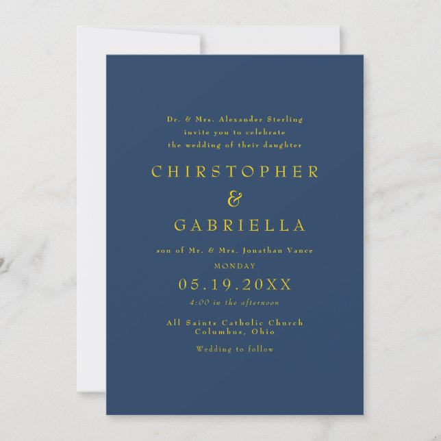 Invitation Mariage simple et formel bleu marine et or (Devant)