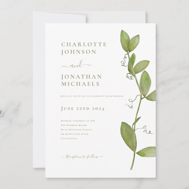 Invitation Mariage simple et moderne avec verdure (Devant)