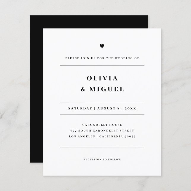 Invitation Mariage simple et moderne en noir et bl (Devant / Derrière)