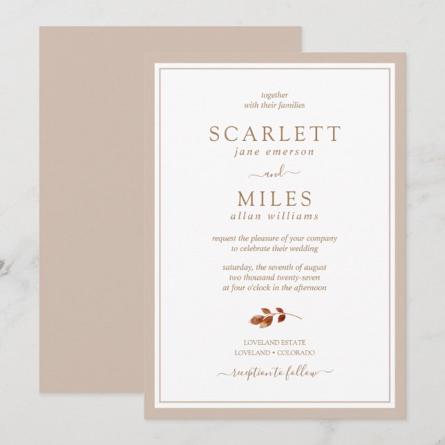 Invitation Mariage Simple Feuilles d'Automne (Devant / Derrière)