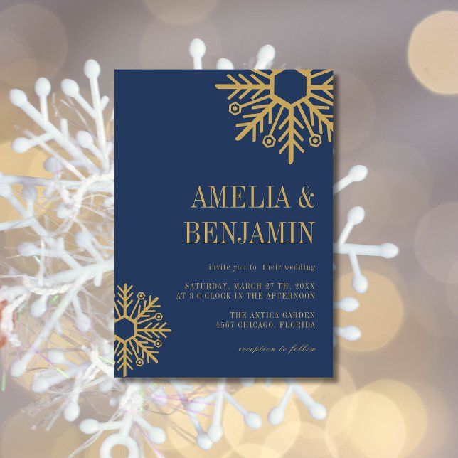 Invitation Mariage simple flocon de neige bleu marine et or a (Créateur téléchargé)