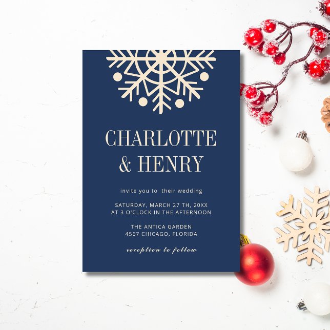Invitation Mariage Simple Flocon de Neige Champagne & Bleu Nu (Créateur téléchargé)