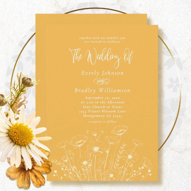 Invitation Mariage Simple Floral Minimal Jaune Doré Blanc (Créateur téléchargé)