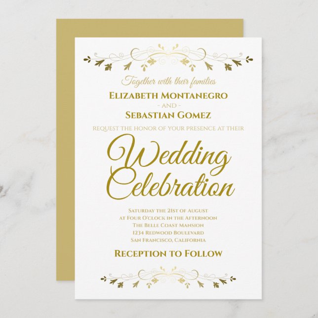 Invitation Mariage simple Gold et White Elegree (Devant / Derrière)