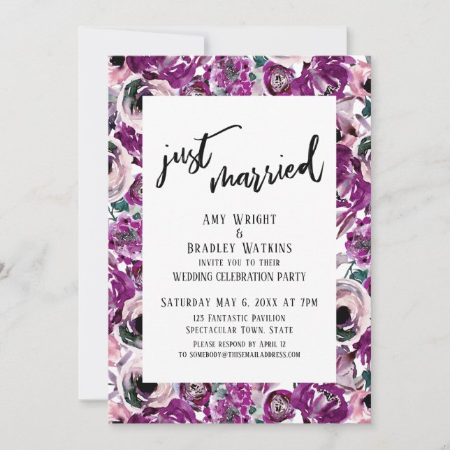 Invitation Mariage Simple "Just Married" Fleurs Aquarelle Ros (Devant)