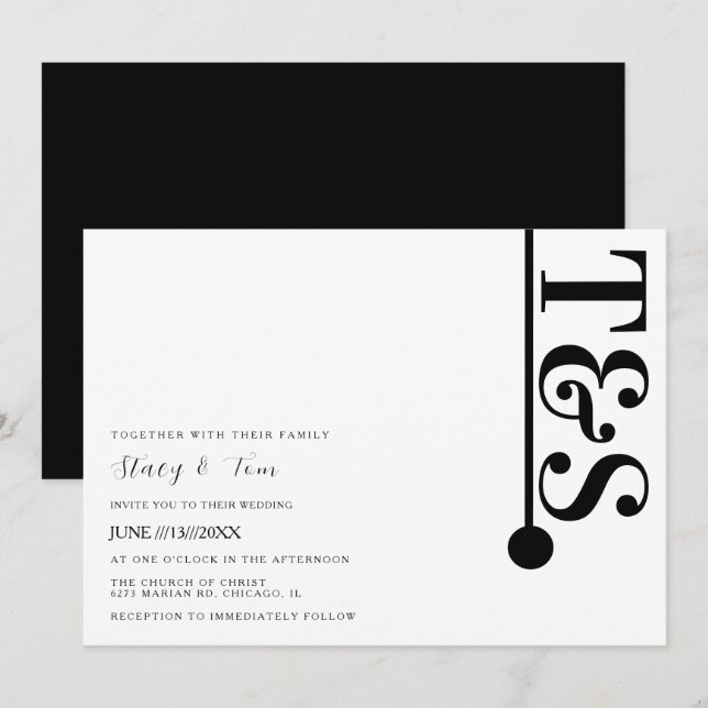 Invitation Mariage simple logo typographique en ligne noir et (Devant / Derrière)