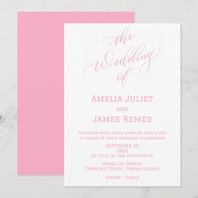 Invitation Mariage Simple Moderne au Lait de Fraise et Blanc (Devant / Derrière)