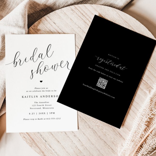 Invitation Mariage Simple Moderne Fête de Mariée (Modern Black and White Bridal Shower Invitations with QR Code Registry on Back - Swirly Script)