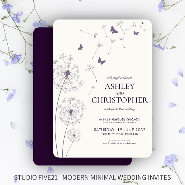 Invitation Mariage simple moderne foncé violet Dandelion (Créateur téléchargé)