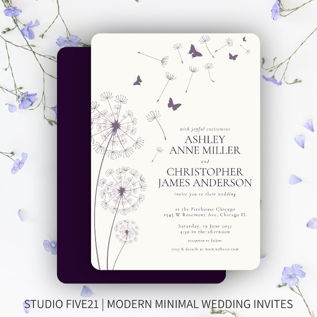 Invitation Mariage simple moderne foncé violet Dandelion (Créateur téléchargé)