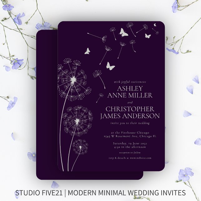Invitation Mariage simple moderne foncé violet Dandelion (Créateur téléchargé)